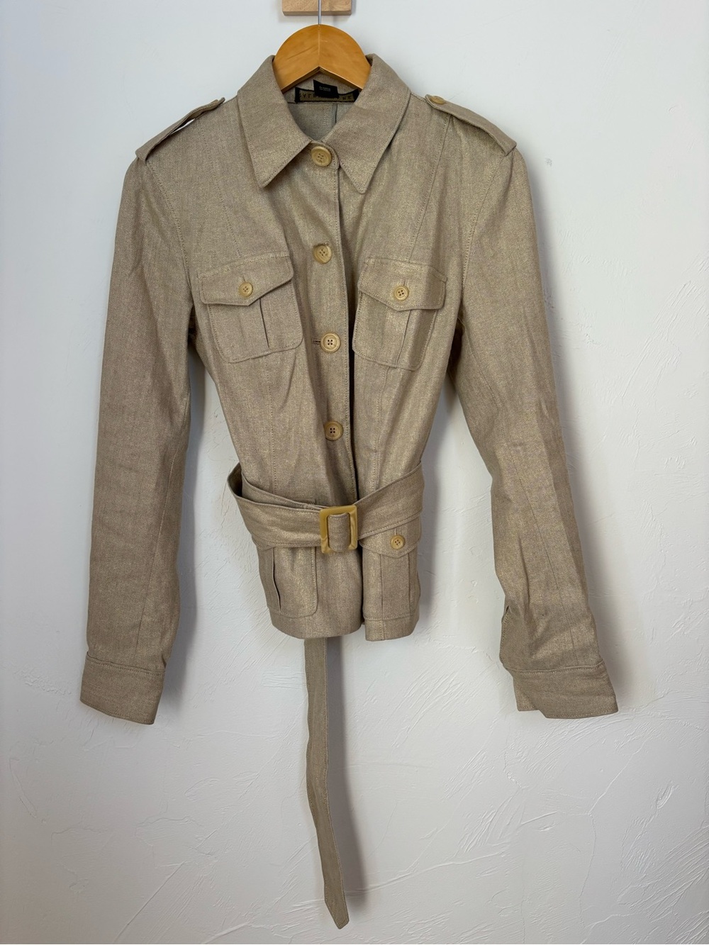 Ralph Lauren Linen Cotton Belted Safari Jacket Gold Sheen Utility Pockets 10